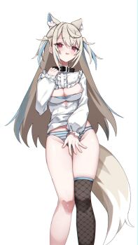 1girl animal_collar animal_ears bib_collar black_collar blonde_hair blue_hairband blue_panties blue_streaks breasts cleavage cleavage_cutout clothes_lift clothing_cutout collar covering_crotch covering_privates crossed_bangs cutout_above_navel dog_ears dog_girl dog_tail double-parted_bangs dress dress_lift extra_ears fake_horns fishnet_thighhighs fishnets frilled_shirt_collar frilled_sleeves frills fuwawa_abyssgard fuwawa_abyssgard_(1st_costume) gluteal_fold hair_between_eyes hairband hand_up highres hololive hololive_english horn_hairband horns large_breasts long_hair long_sleeves looking_at_viewer multicolored_hair open_mouth panties pink_eyes short_dress simple_background single_thighhigh skaarl_(artist) solo streaked_hair striped_clothes striped_panties tail thigh_gap thighhighs two_side_up underwear virtual_youtuber white_background white_dress white_panties