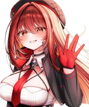 1girl absurdres black_hat black_jacket breasts brown_hair commentary dasom english_commentary goddess_of_victory:_nikke hat highres jacket large_breasts long_hair looking_at_viewer necktie rapi_(nikke) red_eyes red_necktie shirt simple_background solo white_background white_shirt