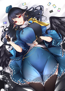 1girl ability_card_(touhou) absurdres bed_sheet black_hair black_thighhighs black_wings blue_dress breasts commentary covered_navel dress earrings fingerless_gloves gloves hat highres iizunamaru_megumu jewelry large_breasts light_smile long_hair looking_at_viewer lying on_back parted_lips pointy_ears raptor7 red_eyes short_sleeves solo symbol-only_commentary thighhighs thighs tokin_hat touhou two-tone_dress wings