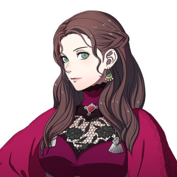 1girl artist_request breasts brown_hair closed_mouth commentary_request dorothea_arnault dress earrings fire_emblem fire_emblem:_three_houses fire_emblem_warriors:_three_hopes green_eyes jewelry large_breasts lips long_hair looking_at_viewer nintendo official_alternate_costume official_alternate_hairstyle official_art red_dress simple_background solo transparent_background upper_body