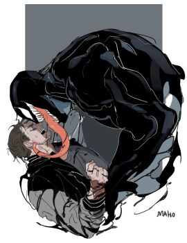 2boys artist_name black_eyes black_jacket border brown_hair clenched_hand creature eddie_brock facial_hair grey_background grey_shirt hand_up highres jacket karmaho letterman_jacket long_sleeves looking_at_another male_focus marvel multiple_boys open_clothes open_jacket open_mouth outside_border scared sharp_teeth shirt short_hair simple_background smile spider-man_(series) sweat symbiote t-shirt teeth tongue tongue_out upper_body venom_(marvel) white_border