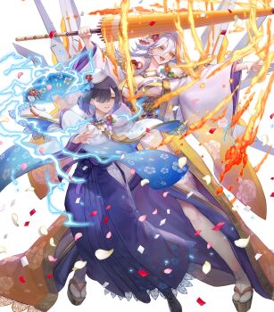 2girls attack baldr_(fire_emblem_heroes) baldr_(new_year's_elite)_(fire_emblem_heroes) blonde_hair blue_kimono breasts cleavage colored_inner_hair drill_hair earrings fire fire_emblem fire_emblem_heroes floral_print flower fur-trimmed_kimono fur_trim geta gradient_clothes gradient_kimono hair_flower hair_ornament hair_over_one_eye halo hand_fan heterochromia highres hodr_(fire_emblem) hodr_(new_year's_elite)_(fire_emblem_heroes) japanese_clothes jewelry kimono large_breasts lightning long_hair mechanical_wings multicolored_hair multiple_girls nintendo non-web_source official_alternate_costume official_art oil-paper_umbrella open_mouth paper_fan red_eyes short_hair siblings sisters smile streaked_hair tabi umbrella very_long_hair white_hair white_kimono wings yellow_eyes yellow_kimono