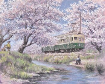 absurdres animal chair cherry_blossoms child conical_hat dog fishing fishing_rod folding_chair grass highres hill holding holding_fishing_rod house original pantograph scenery stream tanamachi_yoshihiro train tree water