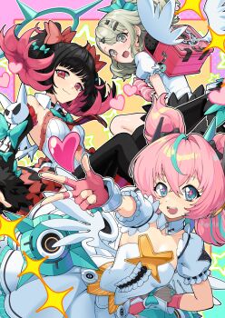 Rule 34 | 3girls, :d, angels of delusion, aria (human) (zenless zone zero), aria (zenless zone zero), arm warmers, backpack, bag, bare shoulders, black hair, black skirt, blue eyes, bow, breasts, commentary, fingerless gloves, gloves, hair between eyes, halo, heart, highres, looking at viewer, multiple girls, nangong yu, nataly-b, navel, open mouth, pink arm warmers, pink bag, pink bow, pink gloves, pink hair, red eyes, shirt, short sleeves, skirt, smile, sunna (zenless zone zero), white shirt, white wings, winged bag, wings, zenless zone zero