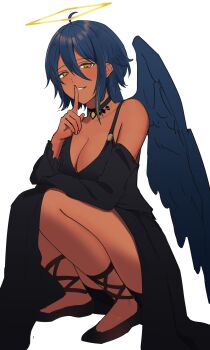 absurdres agame-san_(agamemega) agamemega ahoge bare_shoulders black_dress black_shoes blue_hair breasts cleavage commentary_request dark-skinned_female dark_skin detached_sleeves dress feathered_wings finger_to_mouth hair_between_eyes halo highres index_finger_raised looking_at_viewer original parted_lips rectangular_halo shoes short_hair simple_background squatting white_background wings yellow_eyes
