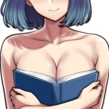 1girl blue_eyes blue_hair boobs_in_book_(meme) book book_on_breasts breast_focus breasts closed_mouth collarbone commentary covering_breasts covering_privates english_commentary eyes_out_of_frame head_out_of_frame holding holding_book kurokawa_akane looking_at_viewer medium_breasts meme open_book oshi_no_ko rotomdocs smile solo white_background