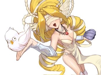 10_09hwan 1girl bare_shoulders bird blindfold breasts cleavage collarbone corrupted_twitter_file cowboy_shot digimon digimon_(creature) dove dress feathered_wings head_wings highres holding holding_shell jewelry long_hair medium_breasts olive_(digimon) open_mouth panties pendant shell simple_background smile standing strapless strapless_dress underwear venusmon very_long_hair white_background white_dress white_panties white_wings wings