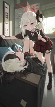 2girls albino arm_support backlighting bare_legs black_flower black_footwear black_hair black_hoodie black_horns black_jacket black_nails black_shirt blazer blue_archive blush boots breasts buckle buttons cabinet ceiling_fan circle_skirt closed_mouth clothing_cutout commentary_request contrapposto couch demon_horns double-breasted file_cabinet flower flower_pot frilled_shirt frilled_skirt frills full_body garter_straps grey_halo grin hair_between_eyes hair_flower hair_ornament halo high-waist_skirt highres hood hood_down hoodie horns indoors jacket kayoko_(blue_archive) knee_boots long_hair long_sleeves looking_at_viewer ly_7317 lying miniskirt multicolored_hair multiple_girls mutsuki_(blue_archive) nail_polish neck_ribbon on_back on_couch plaid_clothes plaid_skirt pleated_skirt ponytail purple_eyes red_eyes red_halo red_ribbon red_skirt ribbon shirt short_sleeves side_ponytail side_slit skirt slit_pupils smile standing standing_on_one_leg swept_bangs thigh_strap turtleneck two-tone_hair underbust v white_hair white_shirt wide_sleeves