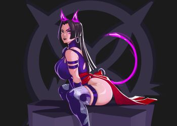1girl absurdres artkyaraben ass breasts butterfly_tattoo curvy female_focus highleg highleg_leotard highres huge_ass large_breasts leotard looking_at_viewer marvel marvel_rivals psylocke psylocke_(marvel_rivals) purple_leotard shiny_skin solo tattoo thick_thighs thighs thong_leotard wide_hips