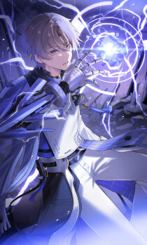 1boy blue_eyes blue_shirt coat coattails commentary_request earrings electricity hair_between_eyes hair_ornament hand_up highres id_card jewelry kawausoman looking_at_viewer male_focus mechanical_arms mechanical_hands pants parted_bangs parted_lips shirt short_hair single_mechanical_arm single_mechanical_hand solo stud_earrings white_coat white_pants wuthering_waves xiangli_yao_(wuthering_waves)