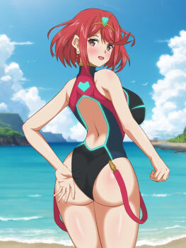 1girl adjusting_buruma adjusting_clothes adjusting_swimsuit ass breasts buruma hata_(pixiv10403940) highleg highres large_breasts looking_back pyra_(pro_swimmer)_(xenoblade) pyra_(xenoblade) sleeveless sleeveless_turtleneck solo swimsuit turtleneck xenoblade_chronicles_(series) xenoblade_chronicles_2