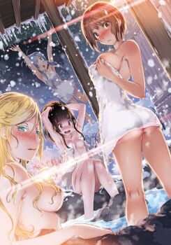 4girls ass black_hair blonde_hair blush breasts brown_eyes brown_hair closed_mouth commentary_request dutch_angle furuya_mero hair_over_breasts hattori_mitsuru highres kurumiya_darin_arnschent long_hair looking_at_viewer medium_breasts multiple_girls naked_towel onsen open_mouth parted_lips red_eyes sanka_rea sankarea saouji_ranko short_hair soaking_feet standing towel