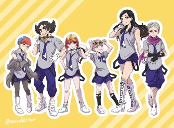 Rule 34 | 3boys, 3girls, atticus (pokemon), black eyes, black hair, blonde hair, blue hair, blue pants, commentary request, cosplay, crooked eyewear, eri (pokemon), fingerless gloves, giacomo (pokemon), glasses, gloves, green eyes, helmet, highres, holding, holding unworn helmet, jacket, long hair, mela (pokemon), motorcycle helmet, mrp and me, multicolored hair, multiple boys, multiple girls, necktie, nintendo, ortega (pokemon), pants, pantyhose, partially fingerless gloves, penny (pokemon), pink eyes, pink hair, pointy hair, pokemon, pokemon sv, red hair, round eyewear, scarf, school uniform, shirt, short hair, simple background, smile, star-shaped eyewear, star (symbol), team star, team star grunt, team star grunt (cosplay), team star uniform, two-tone hair, unworn headwear, unworn helmet, uva academy school uniform