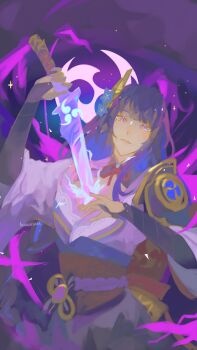 1girl absurdres arm_up artist_name back_bow blunt_bangs bow braid bridal_gauntlets commentary drawing_sword electricity electro_symbol_(genshin_impact) english_commentary genshin_impact glowing glowing_sword glowing_weapon head_tilt highres holding holding_sword holding_weapon human_scabbard hwazelnut japanese_clothes katana kimono long_braid mitsudomoe_(shape) mole mole_under_eye musou_isshin_(genshin_impact) neck_ribbon parted_lips purple_background purple_eyes purple_hair purple_kimono raiden_shogun red_ribbon red_sash ribbon sash single_braid solo sword tomoe_(symbol) upper_body weapon