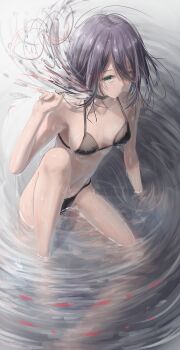1girl absurdres alternate_costume bikini black_bikini black_choker black_hair breasts chainsaw_man choker green_eyes grenade_pin highres knee_up navel partially_submerged reze_(chainsaw_man) shi3 small_breasts solo swimsuit water wet wet_hair