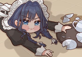 1girl accident apron apu_spills_his_tendies_(meme) black_dress black_hair blue_eyes broken_cup broken_plate commentary dress english_commentary fallen_down hair_intakes hat highres hololive hololive_english kukie-nyan long_hair looking_at_viewer lying maid_apron meme mob_cap official_alternate_costume official_alternate_hairstyle on_stomach ouro_kronii ouro_kronii_(maid) plate shards solo spill teapot tearing_up tray virtual_youtuber white_apron