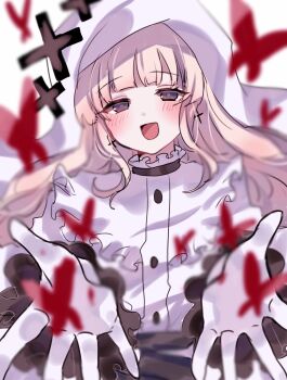 1girl :d blonde_hair blunt_bangs blurry blurry_foreground bug butterfly cross cross_earrings earrings gloves highres hikami_meruru insect jewelry long_hair long_sleeves looking_at_viewer mahou_shoujo_no_majo_saiban open_hands open_mouth priestess purple_eyes red_butterfly smile solo tosiosito upper_body veil white_background white_gloves white_veil