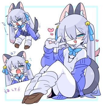 1boy :3 :o animal_ear_fluff animal_ears bell between_legs black_bra black_panties blue_bow blue_bowtie blue_cardigan blue_eyes blue_hair blue_skirt blush bow bowtie bra brown_shoes bulge cardigan cat_boy cat_ears cat_tail cleavage_cutout clothing_cutout collared_shirt colored_tips commentary crossdressing crossdressing_(mtf) double-parted_bangs eyepatch fang fangs flipped_hair full_body furrification furry furry_male grey_tail hair_bell hair_between_eyes hair_bow hair_ornament hand_between_legs hand_up heart highres jingle_bell kneehighs knees_up legs_apart loafers long_hair long_sleeves looking_at_viewer male_focus medical_eyepatch miniskirt multicolored_hair multiple_views narrowed_eyes no_nose off_shoulder one_eye_covered op_na_yarou open_cardigan open_clothes open_mouth original panties panty_peek pleated_skirt portrait quad_tails raised_inner_eyebrows red_hair rigel_(op_na_yarou) shirt shoes sidelocks simple_background sitting skin_fang skirt sleeves_past_fingers sleeves_past_wrists socks standing straight_hair sweatdrop tail teeth thighhighs trap underwear v-shaped_eyebrows very_long_hair watermark white_background white_hair white_shirt white_socks