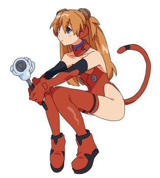 1girl 4zw89qkqagggcf7 ass blue_eyes blush_stickers breasts brown_hair fake_tail fetal_position hair_between_eyes highleg highleg_leotard highres interface_headset_(evangelion) invisible_chair leotard long_hair looking_to_the_side mecha_pilot_suit neon_genesis_evangelion plugsuit_(evangelion) red_headwear red_leotard shiny_clothes simple_background sitting small_breasts solo souryuu_asuka_langley standing tail twintails two_side_up very_long_hair