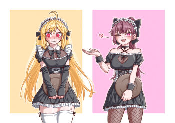 Rule 34 | 2girls, absurdres, ahoge, alternate costume, bare shoulders, black bow, black choker, black dress, blonde hair, blush, bow, bowtie, breasts, chobeog, choker, cleavage, commentary, cowboy shot, detached sleeves, dress, embarrassed, enmaided, fang, fishnet pantyhose, fishnets, frilled dress, frills, hair bow, halterneck, heart, highres, holding, holding tray, jingburger, jururu, korean commentary, large breasts, long hair, looking at viewer, maid, maid headdress, medium breasts, multiple girls, nervous sweating, off-shoulder dress, off shoulder, one eye closed, open mouth, pantyhose, pink background, pink eyes, ponytail, puffy sleeves, purple eyes, purple hair, red eyes, short dress, short sleeves, simple background, smile, sweat, sweatdrop, thighhighs, tray, twintails, very long hair, virtual youtuber, waktaverse, wavy mouth, white thighhighs, wrist cuffs, yellow background, zettai ryouiki
