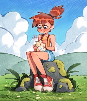 1girl absurdres asymmetrical_hair bag bare_arms bare_shoulders blue_eyes blue_shorts blue_sky blush brown_hair closed_mouth cloud day denim denim_shorts eyelashes gen_2_pokemon grass hair_tie happy highres holding legs_together looking_down misty_(pokemon) moss nintendo notice_lines on_lap orange_hair outdoors paper_bag pokemon pokemon_(anime) pokemon_(classic_anime) ponytail rock rotherfordmdayum shirt shoes short_shorts shorts side_ponytail sitting sitting_on_rock sky sleeveless sleeveless_shirt smile sneakers solo suspender_shorts suspenders tank_top togepi tree_stump yellow_shirt yellow_tank_top