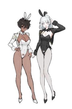 2girls albino animal_ears black_bow black_bowtie black_hair black_jacket black_leotard black_pantyhose black_shoes black_vs_white bow bowtie breasts cleavage clothing_cutout commentary covered_navel cropped_jacket dark-skinned_female dark_skin expressionless fake_animal_ears fake_tail female_focus fish_hair_ornament fishnet_pantyhose fishnets full_body fur_trim hair_between_eyes hair_flaps hair_ornament heart heart_cutout highleg highleg_leotard highres jacket large_breasts leotard long_sleeves medium_breasts micchan_(ohisashiburi) multiple_girls nacchan_(ohisashiburi) nontraditional_playboy_bunny ohisashiburi open_clothes open_jacket original pantyhose pink_eyes playboy_bunny rabbit rabbit_ears rabbit_tail red_eyes shoes short_hair side-tie_leotard smile strapless strapless_leotard tail white_background white_bow white_bowtie white_hair white_jacket white_leotard white_pantyhose white_shoes