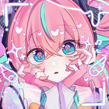 1girl absurdres ama_some_(kr0ri) aqua_hair aqua_streaks aria_(zenless_zone_zero) black_bow blue_eyes bow collarbone commentary_request crossed_bangs fingerless_gloves gloves hair_between_eyes hair_bow hands_on_own_face heart highres looking_at_viewer multicolored_hair musical_note open_mouth pink_background pink_gloves pink_hair portrait solo sparkle sparkling_eyes star_(symbol) streaked_hair zenless_zone_zero