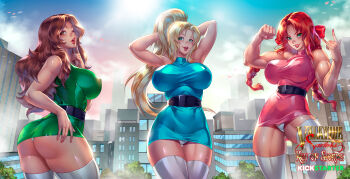 Rule 34 | 3girls, \m/, aged up, arms behind head, ass, bare arms, belt, black belt, blonde hair, blossom (ppg), blue dress, blue sky, braid, braided twintails, breasts, brown eyes, brown hair, bubbles (ppg), buttercup (ppg), city, clenched hand, cloud, commentary, commission, day, dress, english commentary, green dress, green eyes, hands up, highres, large breasts, lena dai, lips, long hair, looking at viewer, multiple girls, muscular, muscular female, nose, open mouth, outdoors, panties, parted bangs, parted lips, pink dress, ponytail, powerpuff girls, red hair, short dress, sky, sleeveless, sleeveless dress, sleeveless turtleneck, smile, sun, taut clothes, taut dress, thighhighs, toned, toned female, turtleneck, turtleneck dress, twintails, underwear, white panties, white thighhighs
