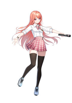 1girl absurdres badge black_thighhighs bow bowtie bracelet breasts closers collared_shirt full_body highres holding holding_microphone idol jewelry long_hair long_sleeves looking_at_viewer luna_aegis_(closers) microphone midriff_peek miniskirt official_art orange_hair outstretched_arms pink_bow pink_bowtie pink_eyes pink_skirt plaid_bow plaid_bowtie plaid_clothes plaid_skirt pleated_skirt school_uniform shirt shoes simple_background skirt sleeves_pushed_up small_breasts smile sneakers solo standing standing_on_one_leg star_bracelet tachi-e thighhighs v-shaped_eyebrows very_long_hair white_background white_shirt white_shoes zettai_ryouiki