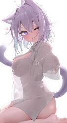 Rule 34 | :3, absurdres, ahoge, animal ear fluff, animal ears, breasts, cat ears, cleavage, colored inner hair, commentary request, from side, hair between eyes, heart, highres, hololive, large breasts, long bangs, looking at viewer, medium hair, multicolored hair, naked shirt, nekomata okayu, one eye closed, open clothes, open shirt, purple eyes, purple hair, reine (reineko6), see-through silhouette, shirt, sitting, sleeves past wrists, tail, turning head, virtual youtuber, white shirt