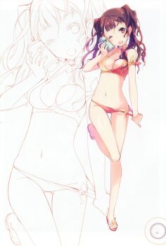 1girl bikini bikini_pull breasts cleavage clothes_pull groin h2so4 highres island_of_horizon kujikawa_rise megaten persona persona_4 sandals sketch swimsuit tagme