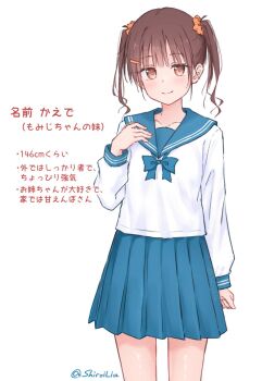 Rule 34 | 1girl, blue bow, blue sailor collar, blue skirt, blush, bow, brown eyes, brown hair, character profile, closed mouth, collarbone, commentary request, hair between eyes, hair ornament, hair scrunchie, hairclip, highres, kutatsu (kutatsu7), long sleeves, looking at viewer, original, pleated skirt, sailor collar, school uniform, scrunchie, shirt, short hair, simple background, skirt, smile, solo, twintails, white shirt