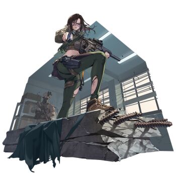 1boy 1girl aiming aiming_at_viewer arena_breakout assault_rifle brown_hair camouflage carabiner concrete cropped_shirt girls'_frontline glasses green_pants gun handgun hecate_(arena_breakout) highres holding holding_gun holding_weapon holster load_bearing_vest m4_carbine midriff night_vision official_art pants rebar rifle sig_mcx sig_sauer solo_focus suppressor third-party_source torn_clothes torn_pants transparent_background weapon yitiao_er-hua