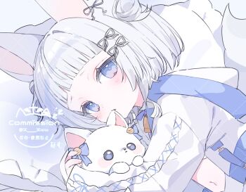 Rule 34 | 1girl, animal, animal ears, bell, blue eyes, blunt bangs, blush, borrowed character, bow, cat, commentary, commission, fox ears, fox girl, fox tail, hair ribbon, hashtag-only commentary, highres, holding, holding animal, jingle bell, long sleeves, looking at viewer, lying, navel, on side, original, parted lips, purple bow, ribbon, shirt, short hair, skeb commission, solo, tail, twitter username, upper body, watermark, white hair, white ribbon, white shirt, x xww