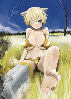 1girl animal_ears bikini blonde_hair blue_eyes blue_sky brave_witches breasts gold_bikini highres large_breasts looking_at_viewer murayama_kei navel nikka_edvardine_katajainen one_eye_closed outdoors painting_(medium) short_hair sky solo striker_unit swimsuit tail traditional_media tree watercolor_(medium) weasel_ears weasel_tail world_witches_series