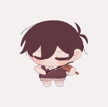 Rule 34 | 1boy, 5oh h, antenna hair, black hair, black sweater vest, blush, bow (music), brown shorts, chibi, chibi only, closed eyes, collared shirt, double-parted bangs, hair between eyes, holding, holding bow (music), holding instrument, holding violin, instrument, male focus, no mouth, omori, shirt, short hair, shorts, simple background, socks, solo, sunny (omori), sweater vest, violin, white background, white shirt, white socks