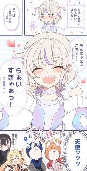 Rule 34 | 5girls, absurdres, black dress, black hair, black shirt, blonde hair, blood, blue hair, blush, brown dress, center frills, choker, closed eyes, closed mouth, dress, fortissimo, frills, grey hair, hair ornament, highres, hiodoshi ao, hiodoshi ao (1st costume), hololive, hololive dev is, ichijou ririka, ichijou ririka (1st costume), jacket, juufuutei raden, juufuutei raden (1st costume), kentotto, long hair, looking at viewer, multicolored hair, multiple girls, musical note, musical note hair ornament, nosebleed, open mouth, orange hair, pink shirt, purple hair, regloss (hololive), shirt, short hair, streaked hair, striped clothes, striped jacket, todoroki hajime, todoroki hajime (1st costume), two side up, vertical-striped clothes, vertical-striped jacket, virtual youtuber, white choker, white jacket, white shirt