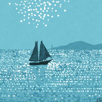 blue_theme boat clark_&amp;_company commentary horizon lighthouse no_humans ocean original sailboat scenery ship watercraft