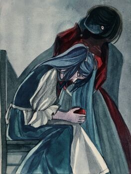 2girls apple apron aqua_eyes aqua_hair blue_dress brown_hair chair commentary constricted_pupils dress english_commentary eve_moonlit evillious_nendaiki food frilled_sleeves frills fruit ghost gouache_(medium) hair_ribbon hatsune_miku haunting head_tilt highres holding holding_food holding_fruit horror_(theme) long_hair looking_at_viewer meiko_(vocaloid) meta28050 meta_salmhofer moonlit_bear_(vocaloid) multiple_girls my_september_(nastyona) no_mouth no_nose painting_(medium) pale_skin pinafore_dress profile red_dress red_eyes ribbon short_hair sitting sleeveless sleeveless_dress symbolism traditional_media twintails very_long_hair vocaloid watercolor_(medium) white_apron white_ribbon