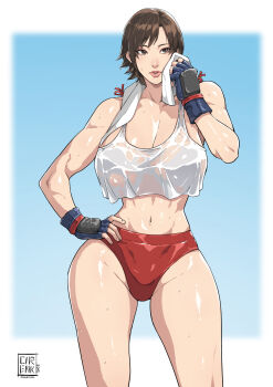 1girl absurdres bloomers blurry blurry_background brown_eyes brown_hair cirenk commission crop_top hand_on_own_hip highres kazama_asuka muscular muscular_female red_bloomers short_hair solo sweat tekken underwear vest white_vest
