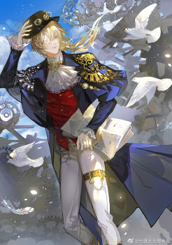 1boy alkaid_mcgrath alkaid_mcgrath_(mist_city) ascot belt bird black_hat blonde_hair blue_capelet blue_coat capelet chinese_commentary closed_mouth cloud coat day dove falling_feathers feathers feet_out_of_frame frilled_sleeves frills gears gloves goggles goggles_on_headwear green_eyes hair_between_eyes hair_ribbon hand_on_headwear hat highres holding holding_newspaper long_hair long_sleeves looking_to_the_side lovebrush_chronicles low_ponytail machinery male_focus monocle newspaper open_clothes open_coat outdoors pants ponytail qi_du_tiantian_xiang_xingyun red_vest ribbon shirt smile solo standing steampunk thigh_belt thigh_strap trilby vest wallet_chain watermark weibo_watermark white_ascot white_feathers white_gloves white_pants white_shirt