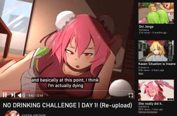 2girls ^_^ alternate_costume arms_up arrow_(symbol) ass bandaged_arm bandages bent_over blonde_hair blurry blurry_background blush bow brown_shirt bun_cover chair closed_eyes cloudykeyz commentary cup double-parted_bangs double_bun drinking english_commentary english_text fake_screenshot frilled_shirt frilled_wrist_cuffs frills green_shorts green_skirt hair_between_eyes hair_bow hair_bun hair_ribbon half-closed_eye highres ibaraki_kasen ibuki_suika jenga lying medium_hair multiple_girls multiple_views nose_blush oni open_mouth parted_lips pink_hair plant profile_picture red_bow red_eyes red_ribbon ribbon sakazuki shirt short_hair short_shorts short_sleeves shorts sigh skirt subtitled tank_top teeth touhou upper_body upper_teeth_only user_interface v-shaped_eyebrows white_shirt white_tank_top worried wrist_cuffs yellow_eyes youtube