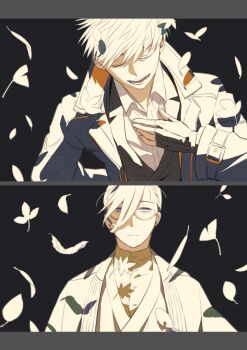 2boys :d arm_behind_back bags_under_eyes black_background black_gloves black_hair black_jacket blue_coat blue_hair border bowing brown_kimono brown_shirt closed_eyes coat collared_coat collared_shirt dress_shirt expressionless falling_leaves fate/grand_order fate_(series) fingerless_gloves ginkgo_leaf glasses gloves green_jacket grey_border hair_over_one_eye hair_pulled_back hand_on_own_chest haori jacket japanese_clothes kimono lapels leaf looking_at_viewer male_focus maple_leaf multiple_boys notched_lapels ooba open_collar open_mouth parted_lips partially_colored purple_eyes saitou_hajime_(fate) saitou_hajime_(first_ascension)_(fate) shirt short_hair smile split_screen suit_jacket teeth upper_body white_shirt wispy_bangs yamanami_keisuke_(fate)