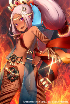 1girl ass bikini bikini_top_only black_panties character_request claws cowboy_shot dancer dark-skinned_female dark_skin female_focus from_behind grand_sphere hair_ornament harem_outfit highres long_hair looking_back official_art open_mouth panties pink_eyes ponytail sabi_wasabi silver_hair smile solo swimsuit tatto tattoo underwear very_long_hair weapon