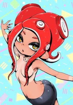 1girl agent_8_(splatoon) ass bike_shorts blue_background breasts butt_crack convenient_censoring cowboy_shot hair_censor head_out_of_frame highres koharu2.5 long_hair looking_at_viewer nintendo octoling open_mouth outstretched_arms pointy_nose red_hair sideways_glance solo splatoon_(series) spread_arms tan tanline tentacle_hair topless_female yellow_eyes