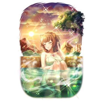 1girl animal_ear_fluff animal_ears artist_request blunt_bangs blush breasts chest_tattoo cleavage closed_eyes cloud cloudy_sky collarbone eyelashes facing_to_the_side folded_hair full_body game_cg hand_on_own_knee hand_up in_water knees_up large_breasts light_particles medium_hair mountainous_horizon naked_towel no_tail official_art onsen outdoors partially_submerged purple_sky raccoon_ears raccoon_girl raphtalia simple_background sitting sky slave_brand smile solo sparkle steam sunset tate_no_yuusha_no_nariagari tate_no_yuusha_no_nariagari_rerise tattoo towel transparent_background tree yellow_sky