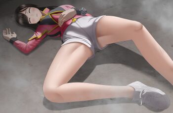 Rule 34 | 1girl, closed eyes, defeat, hyuryona, lying, on ground, shoes, short shorts, shorts, sneakers, solo focus, unconscious