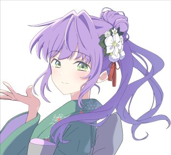 1girl absurdres asa_no_ha_(pattern) closed_mouth commentary_request flower green_kimono grey_sash hair_bun hair_flower hair_intakes hair_ornament hand_up highres japanese_clothes kimono link!_like!_love_live! lone_nape_hair long_hair love_live! making-of_available obi obiage otomune_kozue pizza_salad_(dogimo_) ponytail purple_hair sash sidelocks simple_background single_hair_bun smile solo split_mouth tassel tassel_hair_ornament upper_body virtual_youtuber white_background white_flower