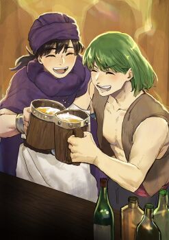 2boys bare_shoulders beer_mug belt black_hair blush bottle bracelet brown_vest cape cloak closed_eyes collarbone commentary_request cup ddmrhm dragon_quest dragon_quest_v facing_another bad_tag green_hair henry_(dq5) hero_(dq5) highres holding holding_cup jewelry long_hair low_ponytail male_focus medium_hair mug multiple_boys open_clothes open_mouth open_vest pectorals ponytail purple_cape purple_cloak purple_turban vest white_turban