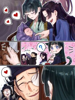 1other 2girls 4boys ? ah-duo_(kusuriya_no_hitorigoto) animal_ears baby beads blue_flower blue_rose blunt_bangs blush bun_cover cat_ears cat_tail chopsticks cl_opium closed_eyes closed_mouth commentary_request couple eating emperor_(kusuriya_no_hitorigoto) facial_hair family father_and_daughter flower food food_on_face furrowed_brow glasses green_hair green_shirt hair_beads hair_bun hair_ornament half_updo happy_tears heart hetero highres holding holding_chopsticks if_they_mated jinshi_(kusuriya_no_hitorigoto) kusuriya_no_hitorigoto lahan_(kusuriya_no_hitorigoto) lakan_(kusuriya_no_hitorigoto) long_hair maomao_(kusuriya_no_hitorigoto) monocle multiple_boys multiple_girls nervous_smile nervous_sweating open_mouth own_hands_clasped own_hands_together parent_and_child parted_lips purple_hair rose round_eyewear shirt sidelocks smile sparkling_eyes spoken_heart spoken_question_mark sweat sweatdrop tail tears